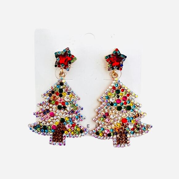 Christmas Tree Gold Tone Sparkling Rhinestone Statement Dangle Earrings - Picture 1 of 4